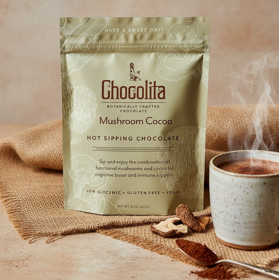 Chocolita Mushroom Cocoa hot sipping chocolate package on a marble surface