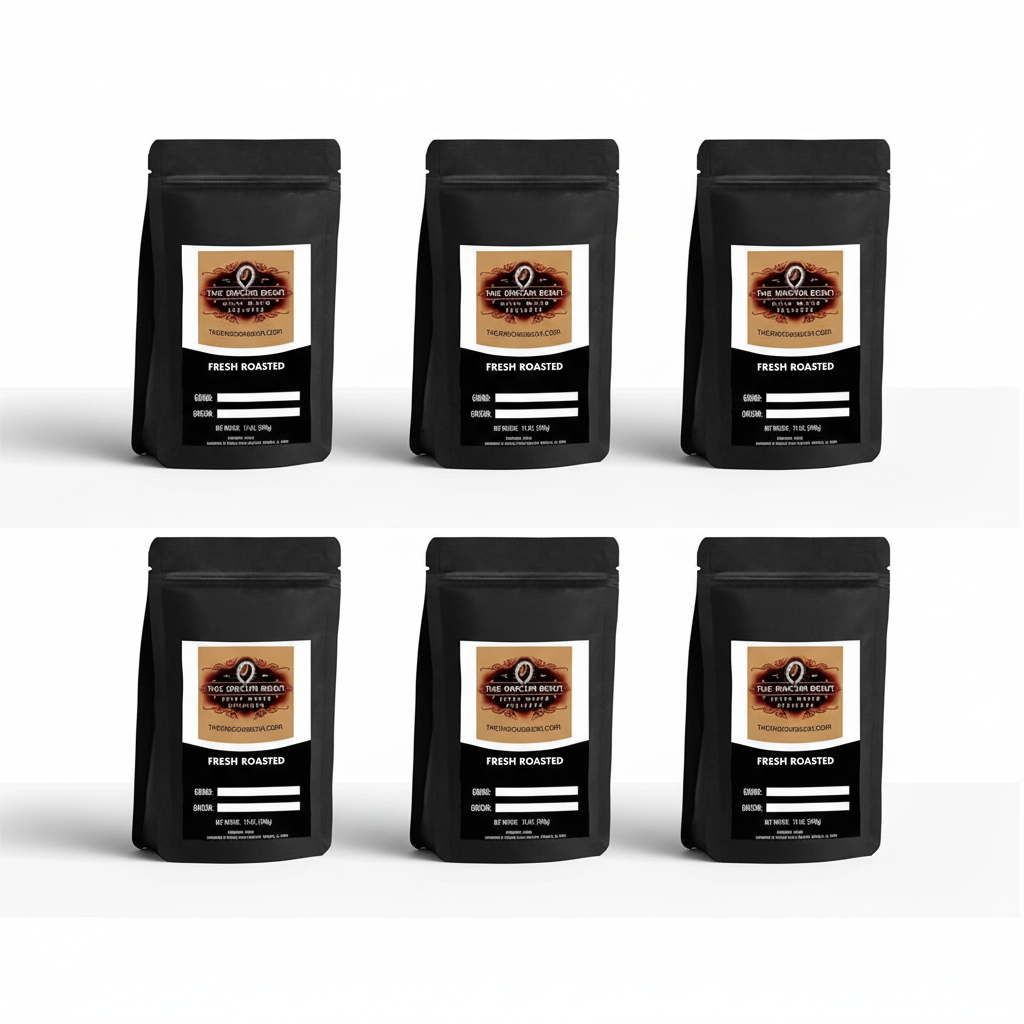 6 small 'Mocha Bean' brand labeled black coffee bags on a clean white background.