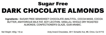 Sugar Free Dark Chocolate Covered Almonds ~ 1 lb. Gift Box ~ by Andy Anand