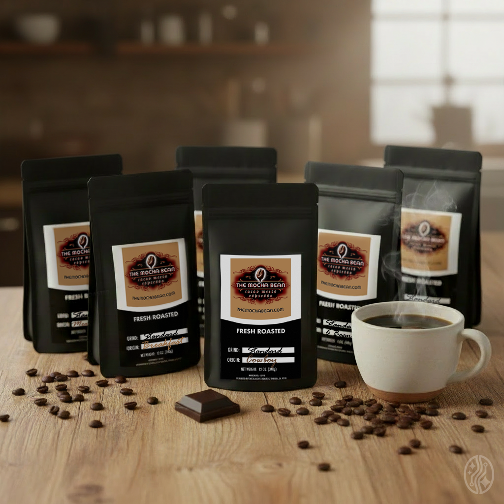 6 small black coffee bags with tan & white label branding and a cup of steaming coffee on a rustic wooden kitchen table with coffee beans and a small square of chocolate.