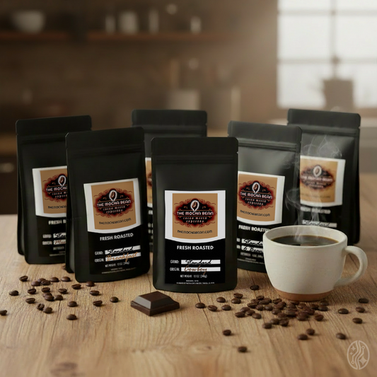 6 small black coffee bags with tan & white label branding and a cup of steaming coffee on a rustic wooden kitchen table with coffee beans and a small square of chocolate.