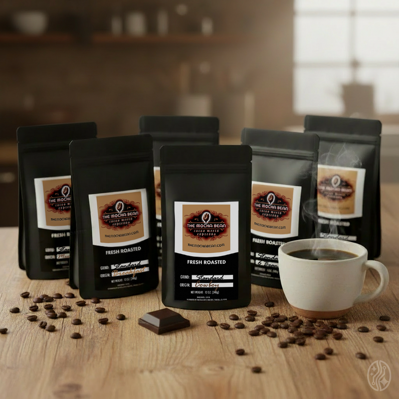 6 small black coffee bags with tan & white label branding and a cup of steaming coffee on a rustic wooden kitchen table with coffee beans and a small square of chocolate.
