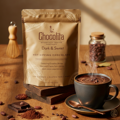 Chocolita dark and sweet hot sipping chocolate package with a steaming cup of chocolate on a wooden table.