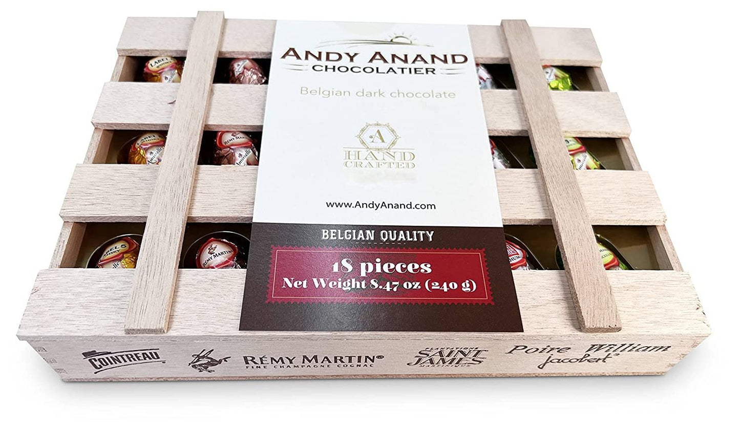 Andy Anand Vegan European Liqueur Dark Chocolate Bottles – Non-Alcoholic Cordials Assortment, Premium 60% Chocolate (Cocoa Butter) Gift Box, 18 Count