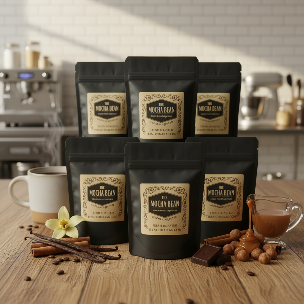 Packaging of 'Mocha Bean' coffee on a wooden table with coffee-making equipment in the background.