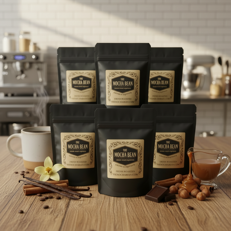 Packaging of 'Mocha Bean' coffee on a wooden table with coffee-making equipment in the background.