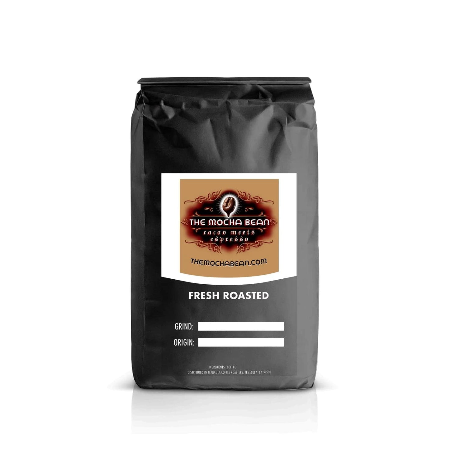 A black coffee bag against a clean white background with tan 'Mocha Bean' branding print on a black & white label.