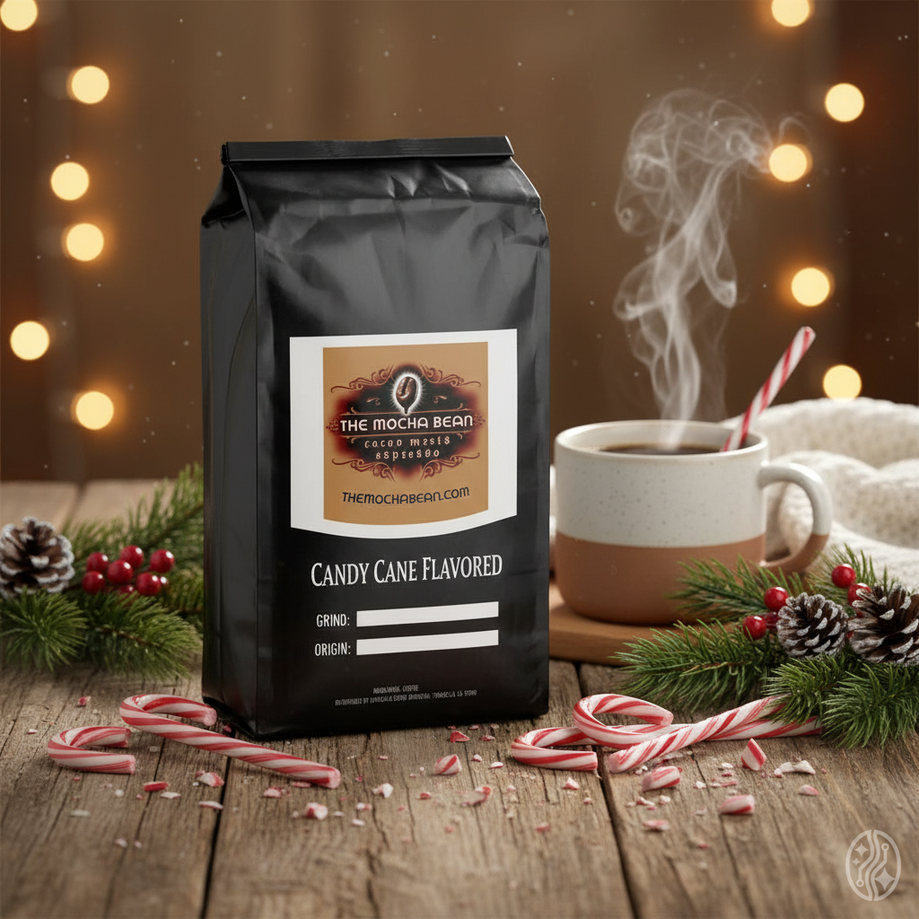 Black Candy Cane Flavored Coffee bag on a wooden table top next to a Steaming Cup of Coffee, Candy Canes and Christmas Decorations.
