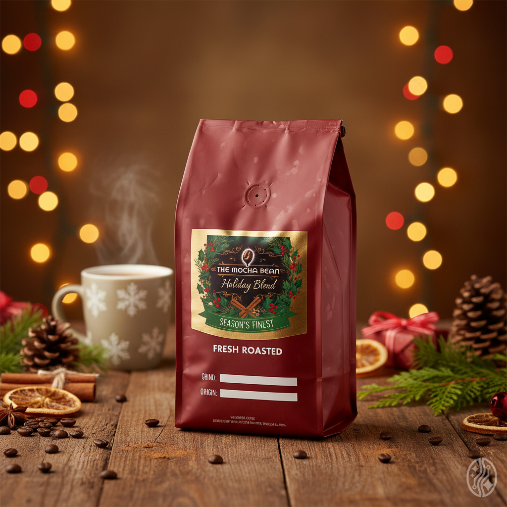 Red coffee bag golden labeled 'Holiday Blend' on a wooden table with festive decorations. - AI generated image