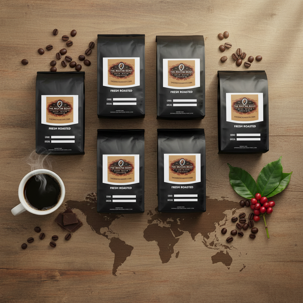 Coffee bags with a world map on a wooden surface, featuring coffee beans and a cup of coffee.
