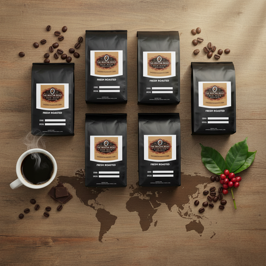 Coffee bags with a world map on a wooden surface, featuring coffee beans and a cup of coffee.