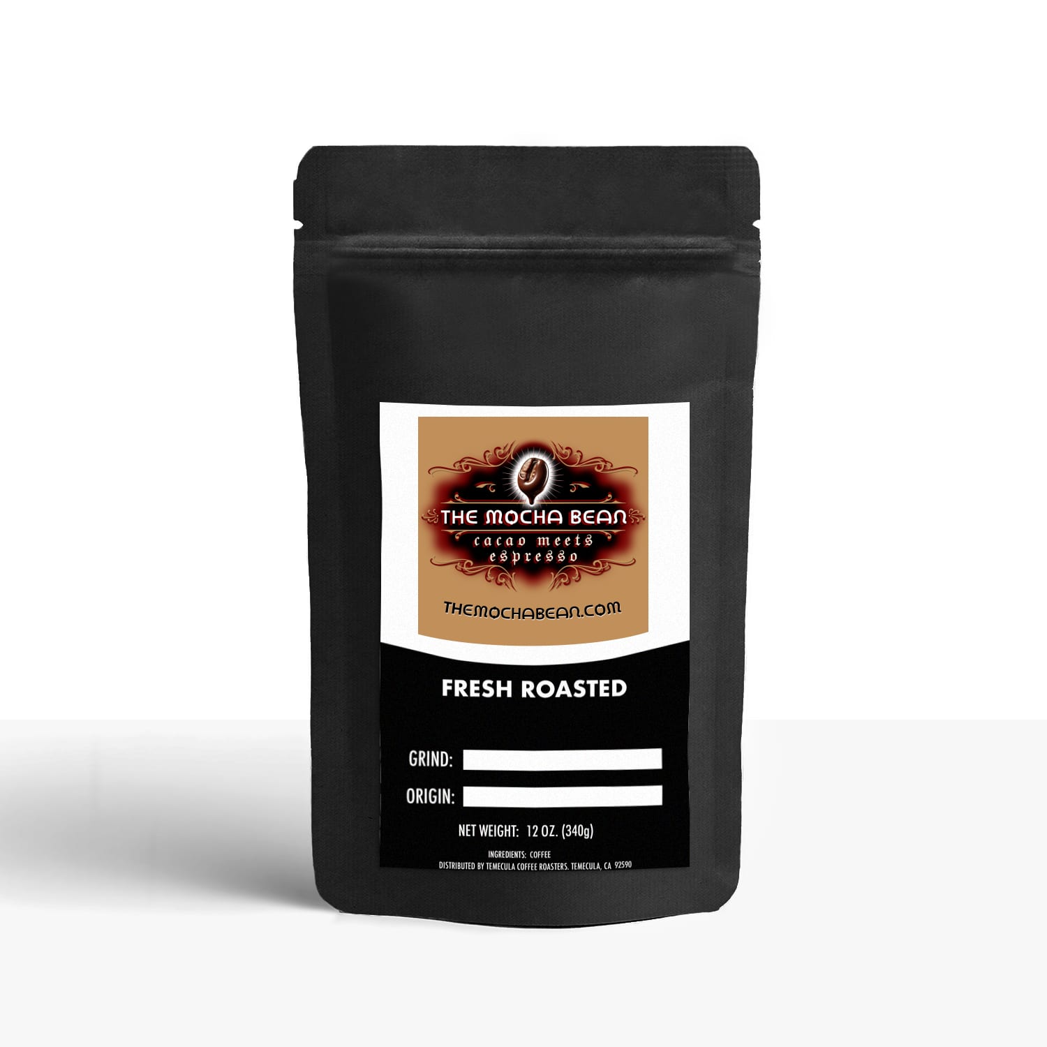 Small black coffee bag with tan '• The Mocha Bean •' branding on a white label background.