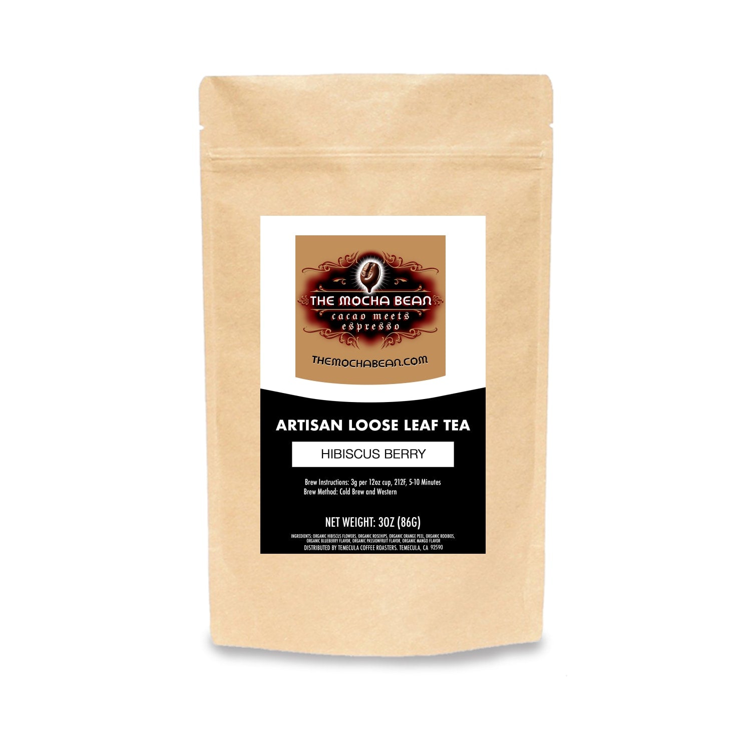 Loose leaf Hibiscus Berry flavored tea in a kraft paper ziplock package with tan 'Mocha Bean' branding printed on a black & white label & set on a clean white background.