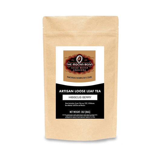 Loose leaf Hibiscus Berry flavored tea in a kraft paper ziplock package with tan 'Mocha Bean' branding printed on a black & white label & set on a clean white background.