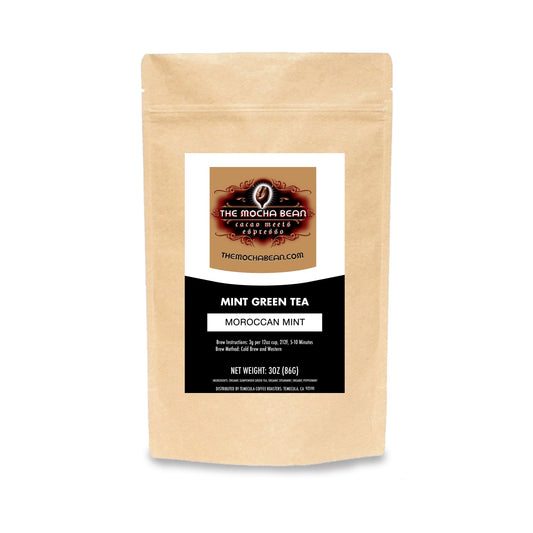 Loose leaf Moroccan Mint flavored tea in a kraft paper ziplock package with tan 'Mocha Bean' branding printed on a black & white label & set on a clean white background.